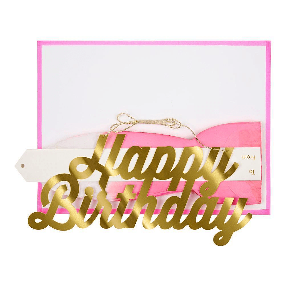 Tarjeta de Cumpleaños Abanico rosa con Letrero Happy Birthday.
