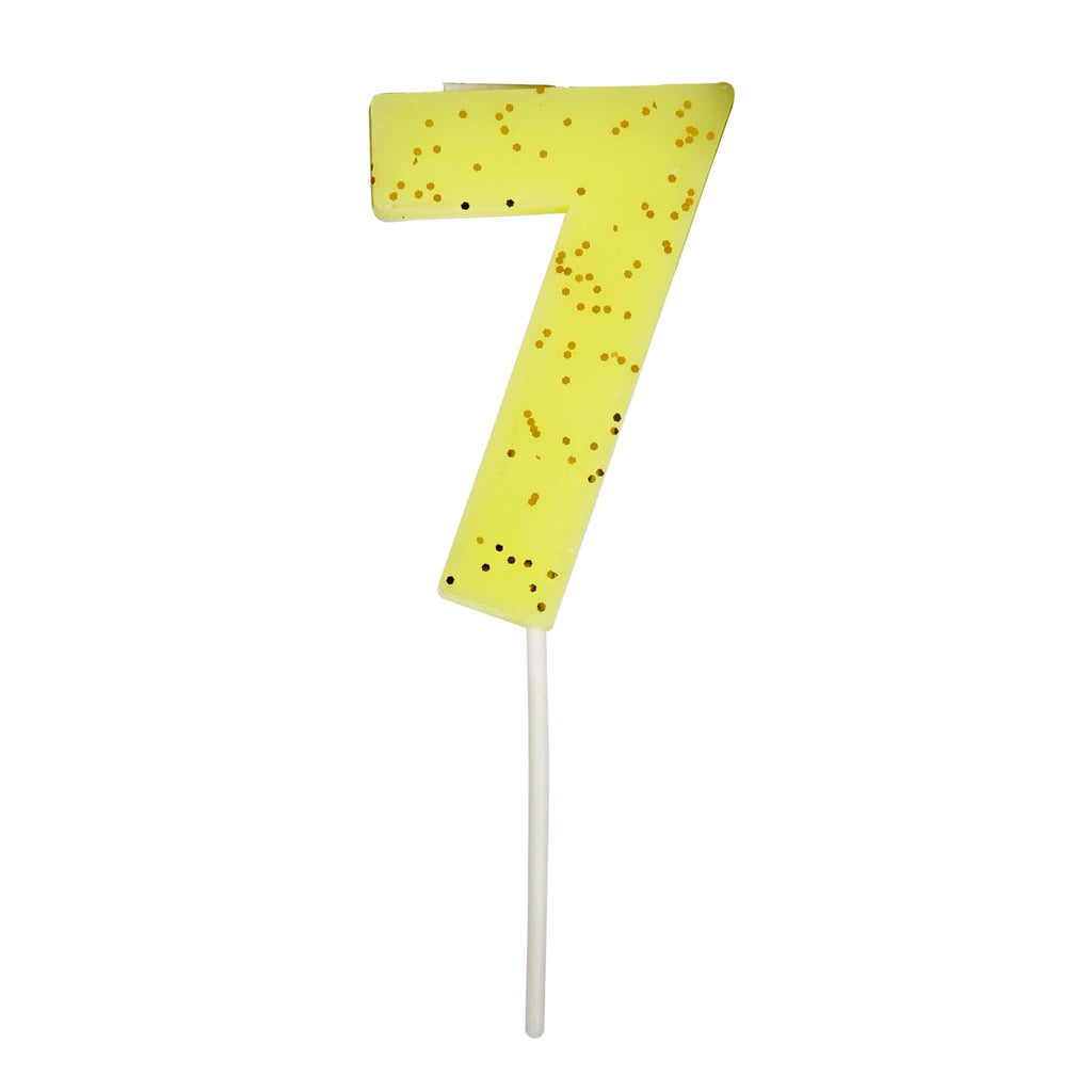 Vela Número 7 Amarilla con Brillantina- 1 pza.