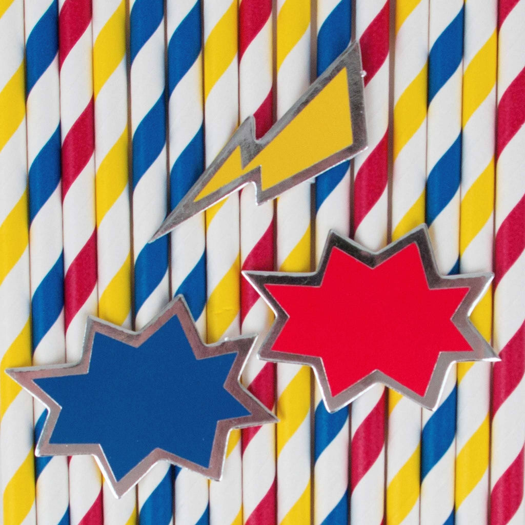 Popotes de Papel con Superhéroe en Diseño POW Multicolor- 12 pzas.