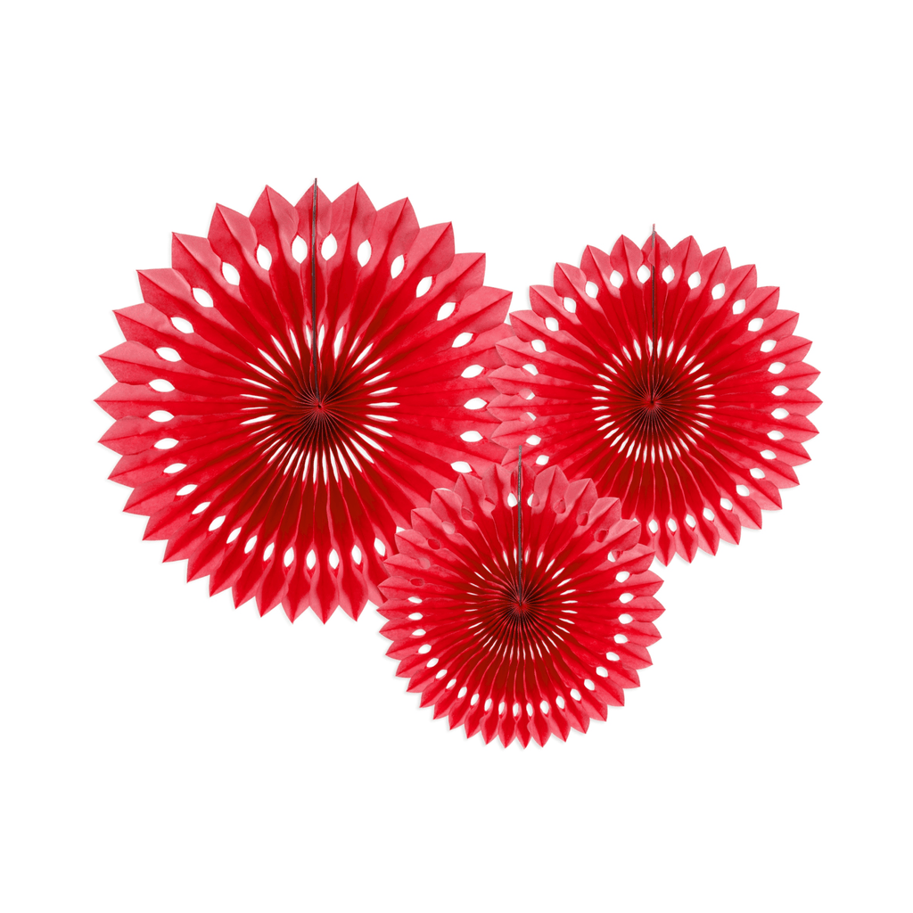 Tissue fan, red, 20- 30cm: 1pkt/3pc. Abanicos Party Deco 