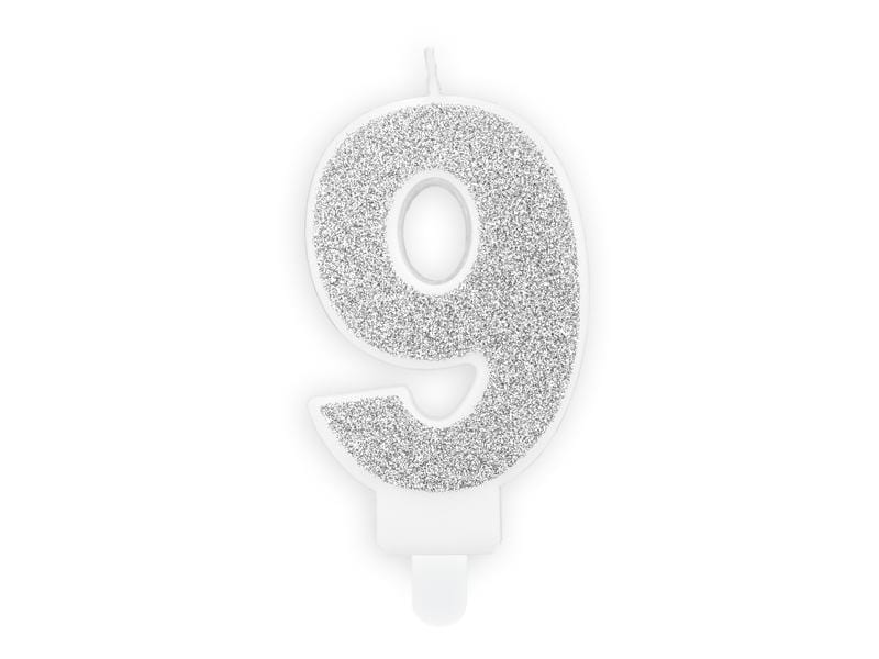Birthday candle Number 9, silver, 7cm Velas Party Deco 